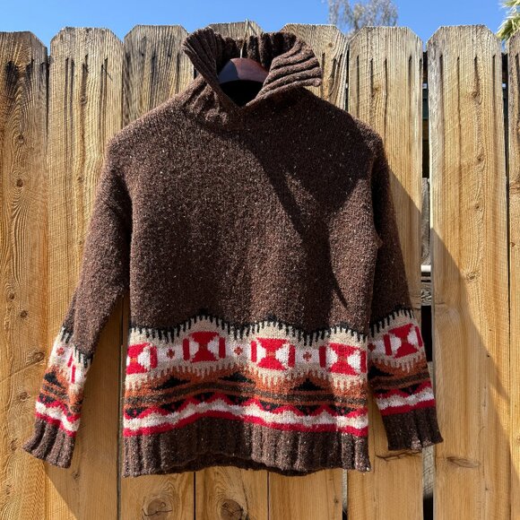 Vintage 90s Brown Wool Cashmere Cowichan Southwestern Aztec Sweater S/M Petite - Picture 5 of 13